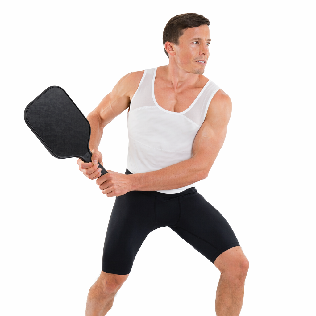 Athlete wearing white 11X Pickleball Support Compression Undershirt with paddle