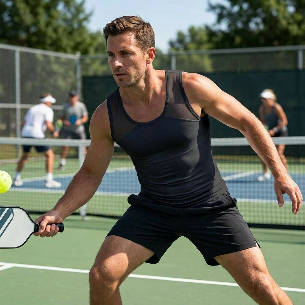 Athlete wearing black 11X Pickleball Support Compression Undershirt with paddle